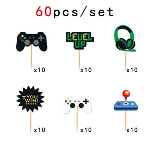 60-piece game party cake topper set with controllers and headphones on white background