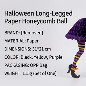 Halloween witch legs paper honeycomb hanging decoration in purple and yellow colors