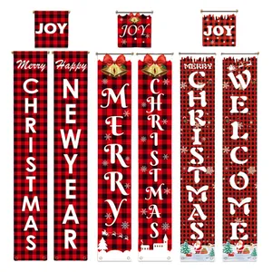 Christmas buffalo plaid door banners and porch signs with Merry Christmas and Happy New Year text