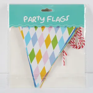 Close-up of colorful diamond pattern party flags in retail packaging with hanging card