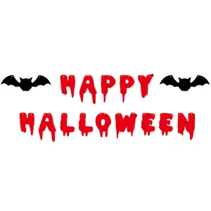 Close-up of red bloody font Happy Halloween banner with black bats for party decor