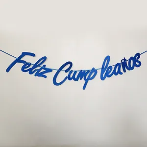 Blue glitter Feliz Cumpleaños birthday banner with elegant cursive script design