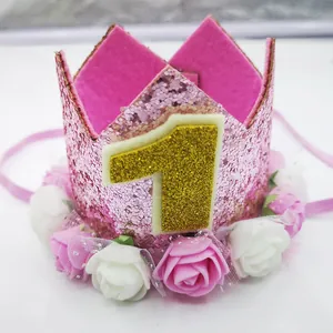 Pink glitter first birthday crown for girls with gold number 1 and rose flower decor