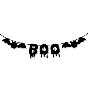 Halloween BOO banner with bat silhouettes in black glitter for spooky party wall decor