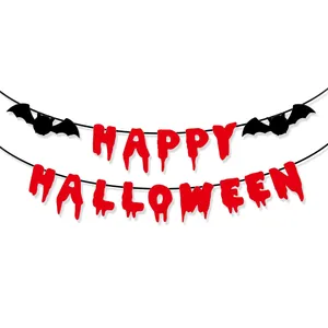 Glittering red Happy Halloween dripping blood banner with black bat decorations for parties