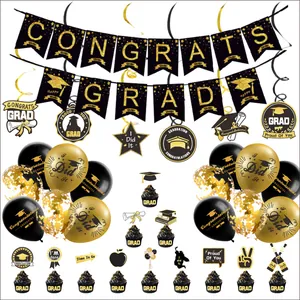 Kit Décoration Fête Remise des Diplômes Noir Or Congrats Grad Banderole Ballons en Latex Cupcake Toppers Spirales Suspendues Décor Cérémonie Graduation