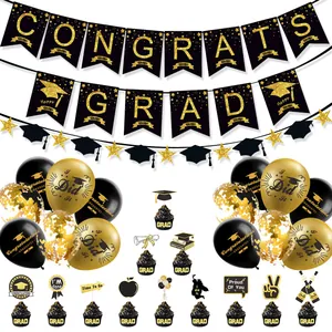 Kit de décoration de diplôme noir et or avec bannières et ballons de graduation