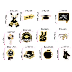 Size guide for a 12-piece glittery 2025 graduation party cake topper set in black and gold