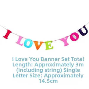 Close-up of colorful I LOVE YOU felt banner showing 14.5cm letter height and 3m rope length