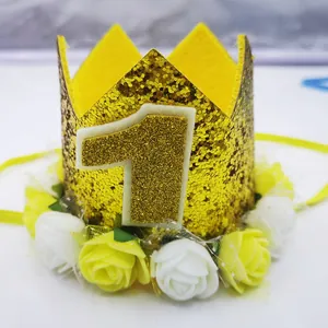 Sparkling gold 1st birthday flower crown hat with yellow roses for toddler party photography