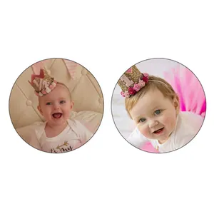 Golden sequin birthday crown headbands with flowers and digits 1/2 and 1 for baby party