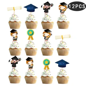 Detailed view of 12pcs graduation cupcake toppers including cap, scroll and cute characters