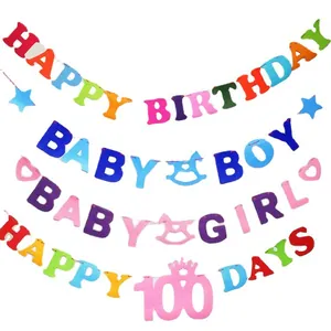 Colorful felt banners for baby birthday parties featuring Happy Birthday and 100 Days text