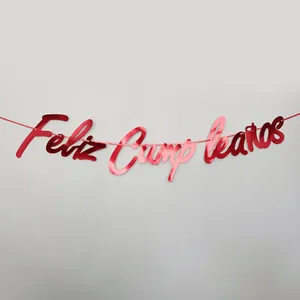 Glittering Feliz Cumpleaños Spanish birthday banner in red and pink metallic finish