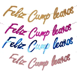 Feliz Cumpleaños glitter banners in gold, rose red, blue and pink for birthday parties