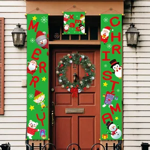 Three-piece Merry Christmas porch banner set with festive cartoon characters on green background