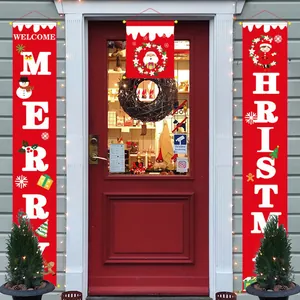 Red Merry Christmas outdoor banner set featuring Santa and snowman for porch decoration