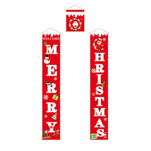 Three-piece festive red Merry Christmas door banner set with Santa and reindeer graphics