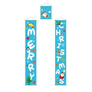 Three-piece Merry Christmas door banner set with Santa and snowman on light blue oxford cloth