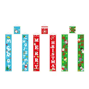 Colorful Merry Christmas porch banners featuring Santa Claus and reindeer on white background