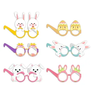 Set of 6 Easter paper party glasses featuring cartoon rabbits, chicks and colorful eggs