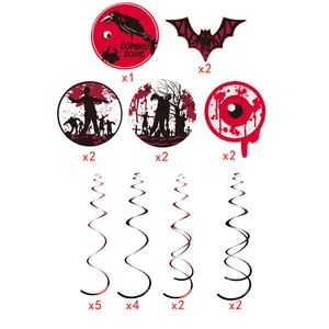 Halloween Zombie Deko Set mit Raben Fledermaus Karten und rot schwarzen Spiral Deckenhängern