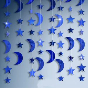 Blue mirrored star and moon garland banner for festive holiday party home decorations