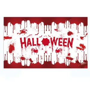 Close-up of Halloween horror backdrop cloth with blood handprints and bats design
