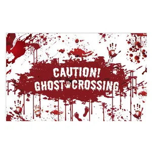 Halloween bloody handprint poster with Caution Ghost Crossing warning text