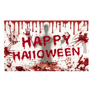 Creepy Halloween backdrop with bloody handprints, red blood splatters and a human silhouette