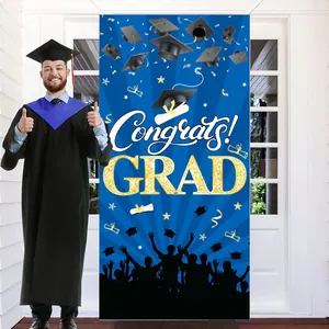 Vertical blue and gold GRAD graduation party banner with Congrats message and silhouettes