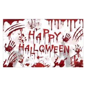 Detailed view of bloody Happy Halloween backdrop with realistic splatters and handprints