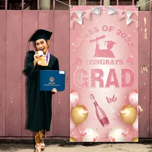 Pink Class of 2022 vertical graduation banner with glitter text and party illustrations