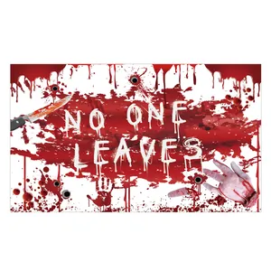 Detail of Halloween bloody banner with NO ONE LEAVES text and gory severed hand graphics