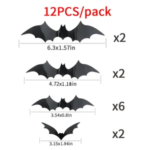 Set of 12 black 3D Halloween bat wall stickers in four sizes for spooky party decoration