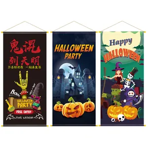 Halloween Bannière Suspendue en Tissu Dessin Animé Citrouille Sorcière Épouvantail Château Chauve-Souris Décoration de Fête Affiche Murale Pour Maison Bureau