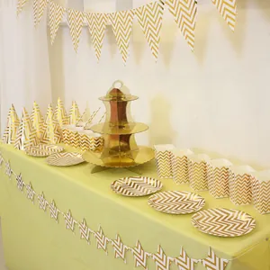 Nordic gold chevron party tableware set with bunting banner and 3-tier cupcake stand