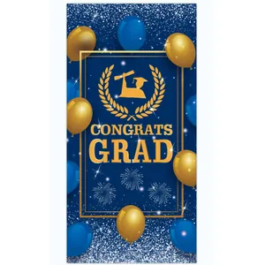 Vertical blue and gold Congrats Grad poster with balloons and festive patterns for graduation