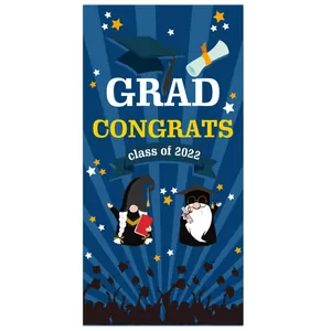 Close-up of blue 2022 graduation banner with cartoon gnomes and Congrats Grad text