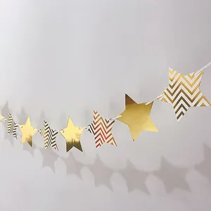 Nordic Minimalist Gold Stamped Paper Triangle Bunting Star Garland Banner For Birthday Wedding Party Decoration