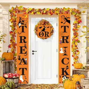 Close-up of Trick or Treat Halloween door banners set with spooky pumpkin and ghost patterns
