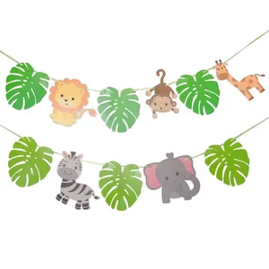 Nordic jungle theme banner featuring cartoon animals like lions and giraffes with green leaves