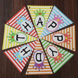 Colorful striped triangle bunting flags with crown letters Happy Birthday party banner