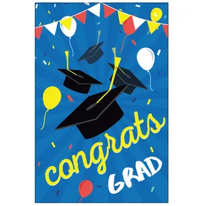 Detail of congrats GRAD poster with graduation caps, balloons, and festive blue background