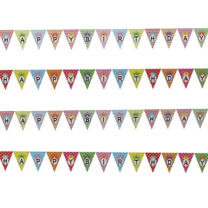 Colorful Happy Birthday bunting banner with crown and polka dot patterns on white background