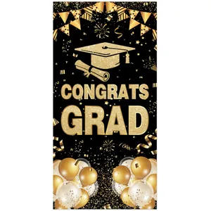 Vertical black and gold Congrats Grad banner with graduation cap and balloon decorations