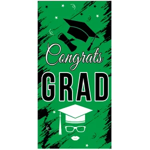 Vertical green graduation banner with Congrats GRAD text and graduation cap details