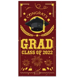 Vertical maroon and gold graduation banner with GRAD text and 2022 class motifs