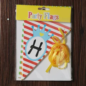 Red and white striped birthday party triangle flags with blue crown and hanging string