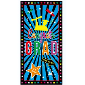 Close-up of Congrats GRAD graduation banner with blue star borders and festive graphics